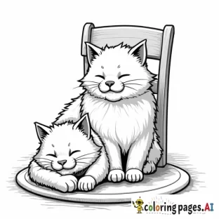 A fluffy cat sitting on a chair and another small version of the cat sleeping on a mat.