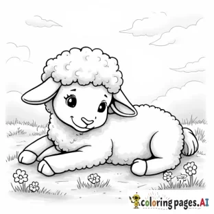 A fluffy lamb lying in a sunlit field of daisies and clover, with a gentle breeze ruffling its wool. The scene conveys a peaceful, serene atmosphere.