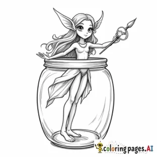 A forest-elf floating in the air, she is holding a magical-paint brush. she is standing inside a glass jar :: in the style of Demizu Pusoka, high detail, perfect hands, perfect face ::