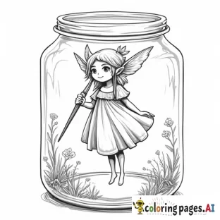 A forest-elf floating in the air, she is holding a magical-paint brush. she is standing inside a glass jar :: in the style of Demizu Pusoka, high detail, perfect hands, perfect face ::