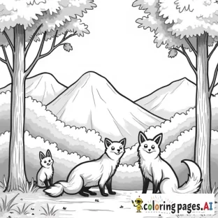 A forest in autumn with  family of foxes and mountains in the background