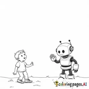 a friendly robot waving at a kid