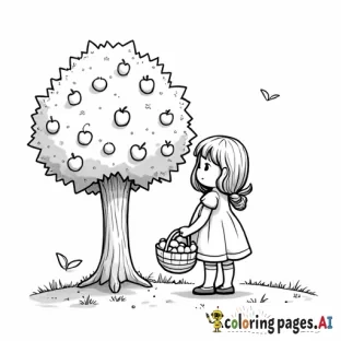 A girl standing by an apple tree with a basket full of apples