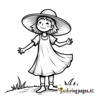 A girl wearing a big hat, with the wind blowing the hat off his head.