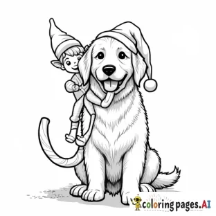a golden retriever with a candy cane in its mouth with a elf riding it