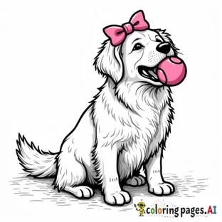 a golden retriever with a pink bow on its ear and a pink tennis ball in its mouth