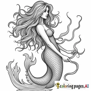 a greyscale coloring page of an enchanted sea nymph using her tentacles to embrace her lover