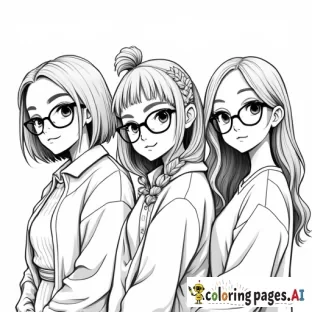 a group of 4 girls, 1 with a short bob and glasses, one with her hair in a messy bun with glasses, one with their hair down, and one with their hair in a claw clip