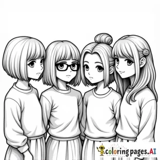 a group of 4 girls, 1 with a short bob and glasses, one with her hair in a messy bun and glasses, one with their hair down, and one with their hair in a claw clip