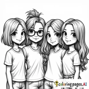 a group of 4 girls, smiling, 1 with a short bob and glasses, one with her hair in a messy bun with glasses, one with their hair down, and one with their hair in a claw clip