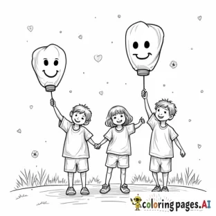 A group of children releasing glowing lanterns into the night sky, each with a happy face drawn on them.