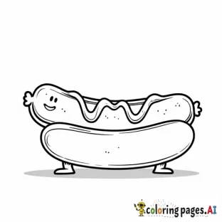 "A happy hot dog with a cheerful, smiling face on the sausage. The hot dog is nestled in a simple bun with bold lines to indicate texture, and a single swirl of mustard on top. It has two tiny arms and legs, with one arm raised in a playful wave. The style should be cartoonish with thick, bold black outlines and no background, perfect for a kids' coloring book."