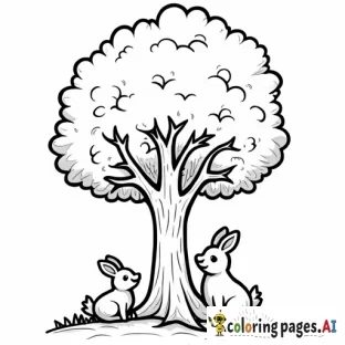 A happy smiling tree with birds and rabits