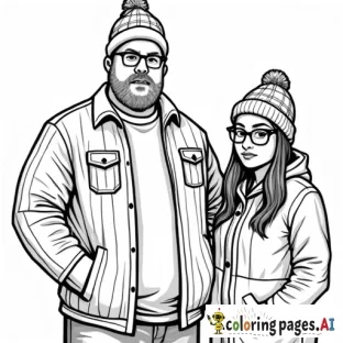 a heavy set man wearing a snow cap with plaid shirt on. Standing next to a teenager girl with glasses and shorter. and a woman with very long red hair with glasses, and curvy