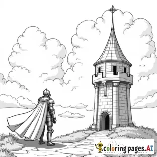 A knight in shining armour looking up at a tower in a fantasy land
