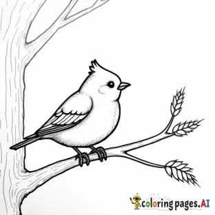 a little bird sitting on a tree branch, looking to a bird trap which houses a single grain of wheat seed