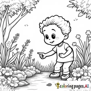 A little boy in a garden, pointing at a small hopping bug on a leaf.