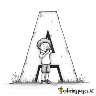 a little boy with an afro, standing up, leaning against a giant letter "A" . he is eating an apple.