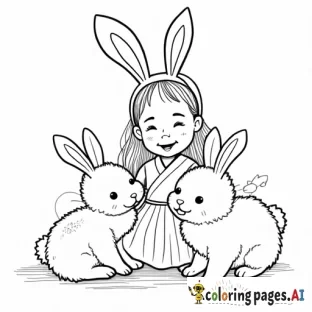 A little girl, full of joy and imagination, is playing with a group of fluffy rabbits. She wears playful bunny ears herself, blending in with her furry friends. It's a delightful scene of innocence and fun, perfect for a coloring activity where kids can bring this adorable moment to life with their creativity.