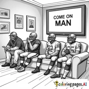 A lively man cave is decked out with football memorabilia, including framed photos and logos of winning teams prominently displayed on the walls. A cozy leather couch takes center stage, where the Oakland Raiders players in black and silver are seated, looking utterly defeated with sad, slouched postures. Beside them, the Pittsburgh Steelers players in black and yellow are crammed onto the same couch, their hands covering their faces in deep embarrassment.  On a massive, big-screen TV mounted on the wall, the word "Come on Man" are playing on the screen, their energy contrasting sharply with the somber mood in the room.  In the corners of the man cave, two coaches are facing "time out." The Pittsburgh Steelers in black and yellow coach stands sheepishly in one corner, while the Oakland Raiders coach in black and silver occupies the opposite corner, each reflecting on their respective teams’ losses.  The space exudes a blend of sports passion and tension, capturing the highs and lows of football fandom.