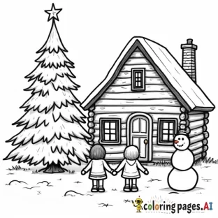 a log cabin with a decorated christmas tree next to it and two little girls standing in front of the cabin holding hands and a snowman in front of the tree