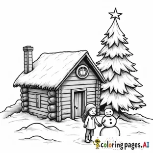 a log cabin with a decorated christmas tree next to it andand a 5 year old girl and a 3 year old girl with long curly hair looking forward  and a snowman in front of the tree