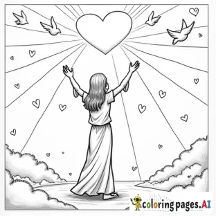 A loving, caring scene with a person standing under a glowing light, surrounded by hearts, doves, and other symbols of God's love. The person’s hands are raised to the sky in gratitude, and light shines down on them.