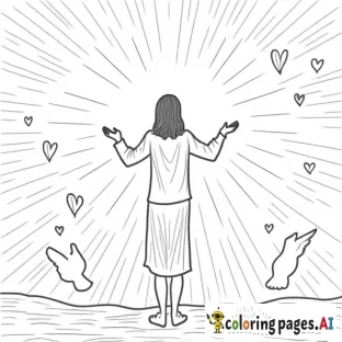 A loving, caring scene with a person standing under a glowing light, surrounded by hearts, doves, and other symbols of God's love. The person’s hands are raised to the sky in gratitude, and light shines down on them.