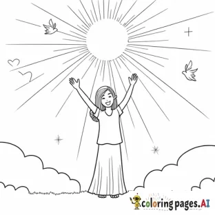 A loving, caring scene with a person standing under a glowing light, surrounded by hearts, doves, and other symbols of God's love. The person’s hands are raised to the sky in gratitude, and light shines down on them.
