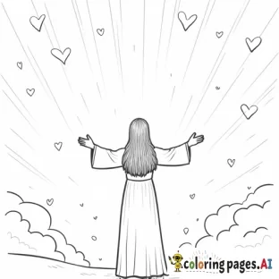 A loving, caring scene with a person standing under a glowing light, surrounded by hearts, doves, and other symbols of God's love. The person’s hands are raised to the sky in gratitude, and light shines down on them.