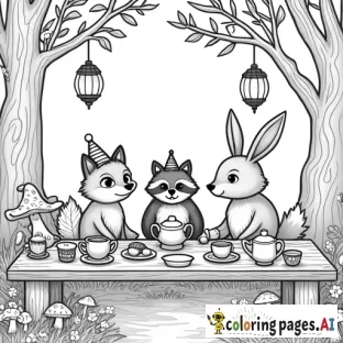 A magical tea party in the forest with a fox, raccoon, and bunny wearing tiny hats, sitting at a wooden table with teapots, cupcakes, and flowers. Lanterns hang from tree branches, and mushrooms grow nearby. Add intricate patterns on the tablecloth and teacups.