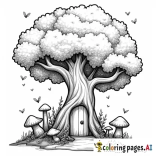 A magical tree with a door at its base, surrounded by mushrooms, vines, and tiny glowing fairies with intricate wings.