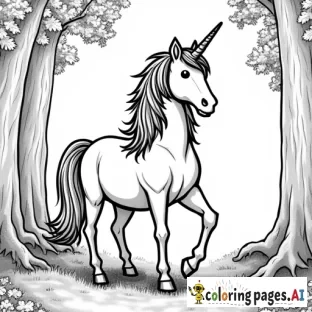 a majestic unicorn in a forest, adult coloring book