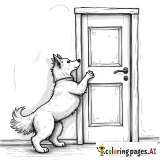 a mangy dog holding its hand against a closed door