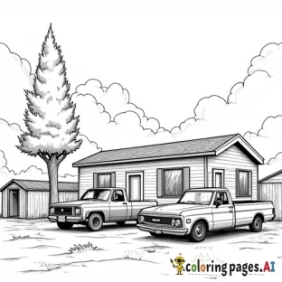 a mobile home in the background, with a two stall garage and little shed with an older pick up truck and a hatchback car parked next to a tall tree