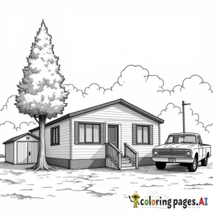 a mobile home in the background, with a two stall garage and little shed with an older pick up truck and a hatchback car parked next to a tall tree