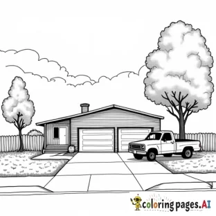 a mobilehome in the background, with a two stall garage and little shed with an older pick up truck and a hatchback car parked next to a tall tree