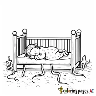 a newborn girl sleeping in her crib but tentacles are coming up from under the bed