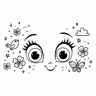 A pair of bright, friendly eyes are drawn in a simple and playful style, with long eyelashes and cheerful eyebrows. Around the eyes, there are fun elements like tiny stars, rainbows, and colorful flowers to represent the beauty of the world we see. The eyes are looking upward, where birds are flying and butterflies flutter around. The background is filled with soft clouds and gentle sunshine, creating a warm and welcoming scene for kids to color. The large, clear shapes make it easy and fun for children to enjoy while learning about eyes and vision.