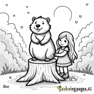 A party invitation for a little girl’s Groundhog Day party that features a groundhog in a top hot sitting atop a tree stump with a little girl with long hair standing next to it. The background should be split vertically with half showing a winter scene and half showing a spring scene