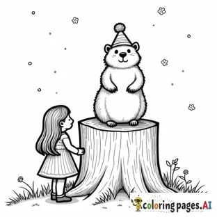 A party invitation for a little girl’s Groundhog Day party that features a groundhog in a top hot sitting atop a tree stump with a little girl with long hair standing next to it. The background should be split vertically with half showing a winter scene and half showing a spring scene