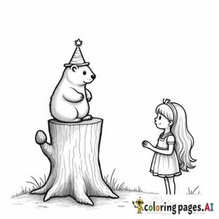 A party invitation for a little girl’s Groundhog Day party that features a groundhog in a top hot sitting atop a tree stump with a little girl with long hair standing next to it.