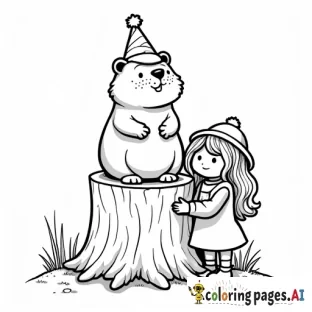 A party invitation for a little girl’s Groundhog Day party that features a groundhog in a top hot sitting atop a tree stump with a little girl with long hair standing next to it.