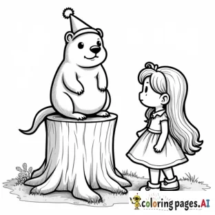 A party invitation for a little girl’s Groundhog Day party that features a groundhog in a top hot sitting atop a tree stump with a little girl with long hair standing next to it trying to figure out if she sees the groundhog’s shadow