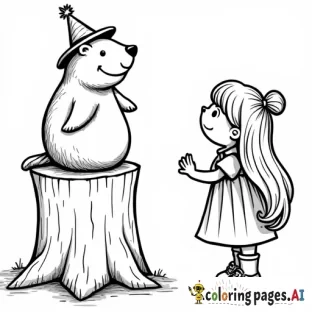A party invitation for a little girl’s Groundhog Day party that features a groundhog in a top hot sitting atop a tree stump with a little girl with long hair standing next to it trying to figure out if she sees the groundhog’s shadow