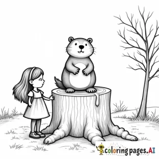 A party invitation for a little girl’s Groundhog Day party that features a groundhog in a top hot sitting atop a tree stump with a little girl with long hair standing next to it. The background should be split vertically with half showing a winter scene and half showing a spring scene