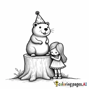 A party invitation for a little girl’s Groundhog Day party that features a groundhog in a top hot sitting atop a tree stump with a little girl with long hair standing next to it.