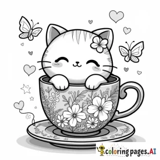 A pastel-colored teacup with a cute, chibi-styA playful cat surrounded by whimsical flowers and patterns, with stars and hearts scattered around for a fun and imaginative vibe.le design, overflowing with tiny, colorful blossoms and curling vines. Surround it with adorable, sparkly butterflies, hearts, and softly glowing floating petals for an ultra-kawaii vibe.
