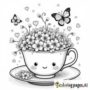 A pastel-colored teacup with a cute, chibi-style design, overflowing with tiny, colorful blossoms and curling vines. Surround it with adorable, sparkly butterflies, hearts, and softly glowing floating petals for an ultra-kawaii vibe.