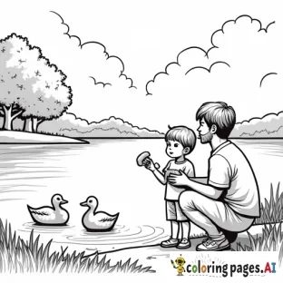 A peaceful black and white coloring page of a 3-year-old boy standing beside her father by a lake. The girl holds a piece of bread and tosses it towards a group of ducks on the water. The father is crouched beside her, also holding bread. Simple, clear outlines depict the lake, ducks, trees, and grass, creating an inviting and serene scene perfect for coloring.